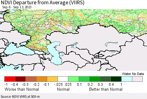 Russian Federation NDVI Departure from Average (VIIRS) Thematic Map For 9/6/2023 - 9/13/2023