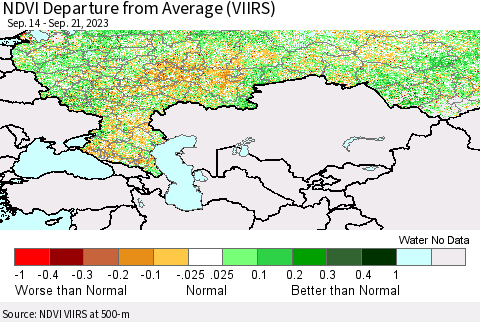 Russian Federation NDVI Departure from Average (VIIRS) Thematic Map For 9/14/2023 - 9/21/2023
