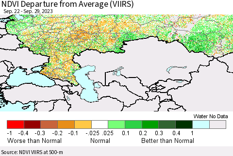 Russian Federation NDVI Departure from Average (VIIRS) Thematic Map For 9/22/2023 - 9/29/2023