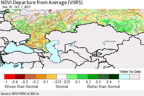 Russian Federation NDVI Departure from Average (VIIRS) Thematic Map For 9/30/2023 - 10/7/2023