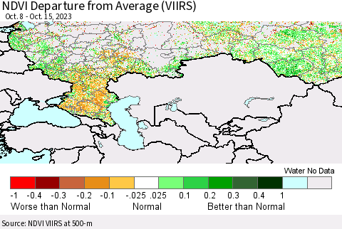 Russian Federation NDVI Departure from Average (VIIRS) Thematic Map For 10/8/2023 - 10/15/2023