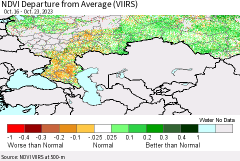 Russian Federation NDVI Departure from Average (VIIRS) Thematic Map For 10/16/2023 - 10/23/2023