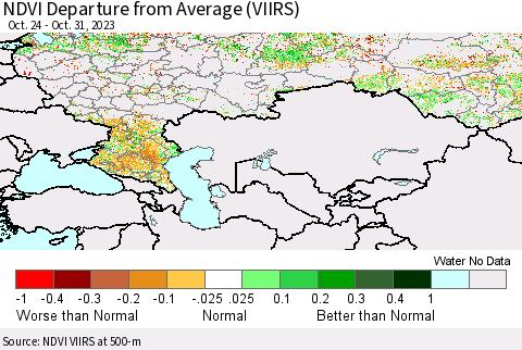 Russian Federation NDVI Departure from Average (VIIRS) Thematic Map For 10/24/2023 - 10/31/2023