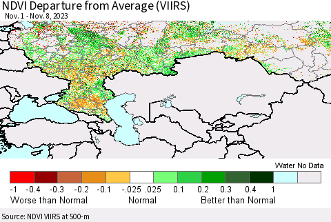 Russian Federation NDVI Departure from Average (VIIRS) Thematic Map For 11/1/2023 - 11/8/2023