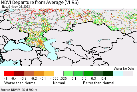 Russian Federation NDVI Departure from Average (VIIRS) Thematic Map For 11/9/2023 - 11/16/2023