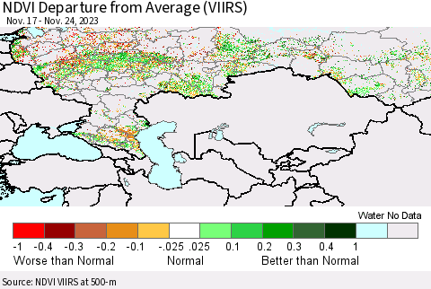 Russian Federation NDVI Departure from Average (VIIRS) Thematic Map For 11/17/2023 - 11/24/2023