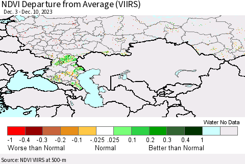 Russian Federation NDVI Departure from Average (VIIRS) Thematic Map For 12/3/2023 - 12/10/2023