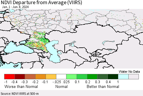 Russian Federation NDVI Departure from Average (VIIRS) Thematic Map For 1/1/2024 - 1/8/2024