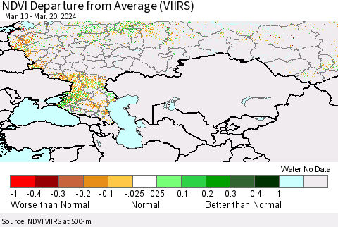 Russian Federation NDVI Departure from Average (VIIRS) Thematic Map For 3/13/2024 - 3/20/2024