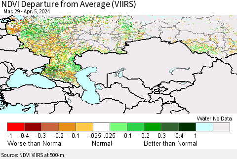 Russian Federation NDVI Departure from Average (VIIRS) Thematic Map For 3/29/2024 - 4/5/2024