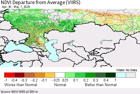 Russian Federation NDVI Departure from Average (VIIRS) Thematic Map For 4/30/2024 - 5/7/2024