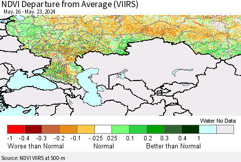 Russian Federation NDVI Departure from Average (VIIRS) Thematic Map For 5/16/2024 - 5/23/2024
