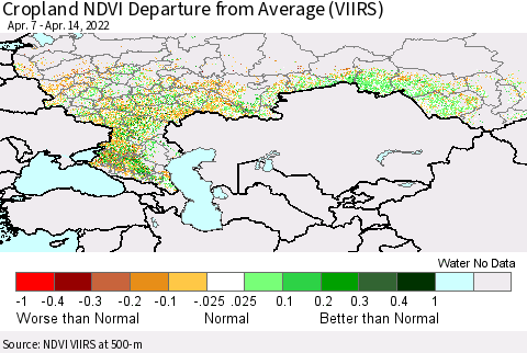 Russian Federation Cropland NDVI Departure from Average (VIIRS) Thematic Map For 4/7/2022 - 4/14/2022