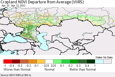 Russian Federation Cropland NDVI Departure from Average (VIIRS) Thematic Map For 4/15/2022 - 4/22/2022