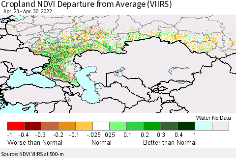 Russian Federation Cropland NDVI Departure from Average (VIIRS) Thematic Map For 4/23/2022 - 4/30/2022