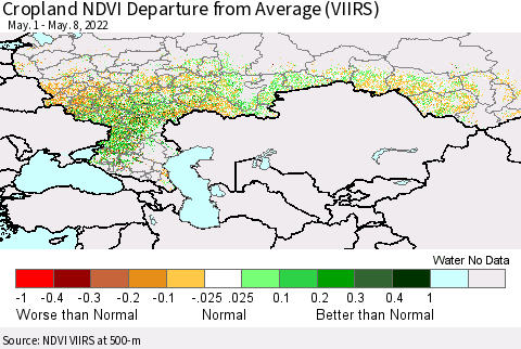 Russian Federation Cropland NDVI Departure from Average (VIIRS) Thematic Map For 5/1/2022 - 5/8/2022