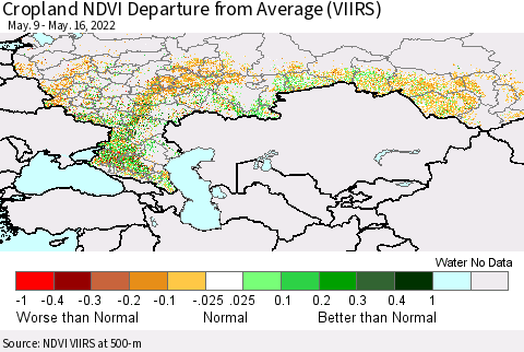 Russian Federation Cropland NDVI Departure from Average (VIIRS) Thematic Map For 5/9/2022 - 5/16/2022