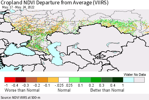 Russian Federation Cropland NDVI Departure from Average (VIIRS) Thematic Map For 5/17/2022 - 5/24/2022