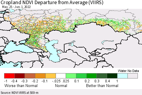 Russian Federation Cropland NDVI Departure from Average (VIIRS) Thematic Map For 5/25/2022 - 6/1/2022