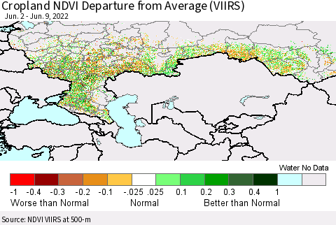 Russian Federation Cropland NDVI Departure from Average (VIIRS) Thematic Map For 6/2/2022 - 6/9/2022