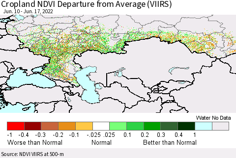 Russian Federation Cropland NDVI Departure from Average (VIIRS) Thematic Map For 6/10/2022 - 6/17/2022