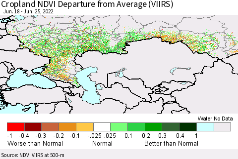 Russian Federation Cropland NDVI Departure from Average (VIIRS) Thematic Map For 6/18/2022 - 6/25/2022