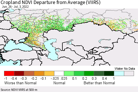 Russian Federation Cropland NDVI Departure from Average (VIIRS) Thematic Map For 6/26/2022 - 7/3/2022