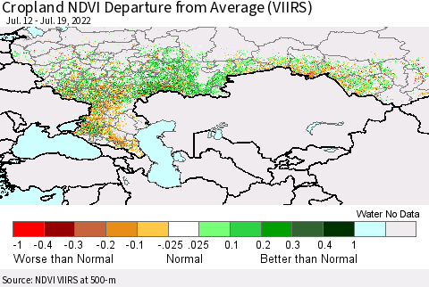 Russian Federation Cropland NDVI Departure from Average (VIIRS) Thematic Map For 7/12/2022 - 7/19/2022