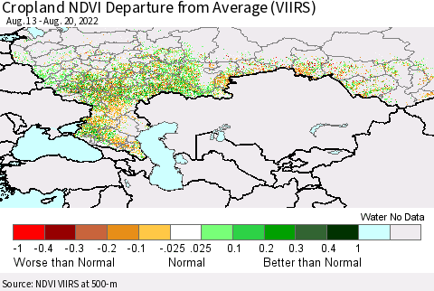 Russian Federation Cropland NDVI Departure from Average (VIIRS) Thematic Map For 8/13/2022 - 8/20/2022