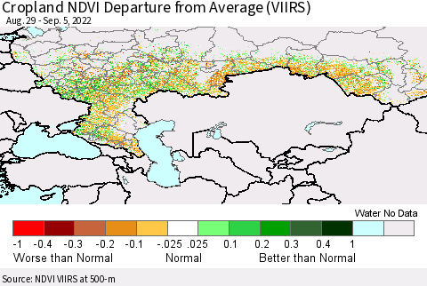 Russian Federation Cropland NDVI Departure from Average (VIIRS) Thematic Map For 8/29/2022 - 9/5/2022