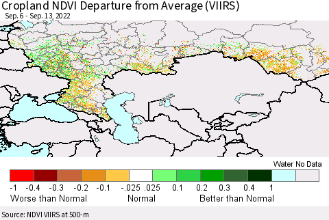 Russian Federation Cropland NDVI Departure from Average (VIIRS) Thematic Map For 9/6/2022 - 9/13/2022