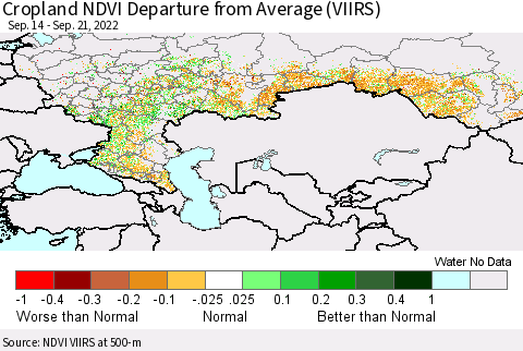 Russian Federation Cropland NDVI Departure from Average (VIIRS) Thematic Map For 9/14/2022 - 9/21/2022