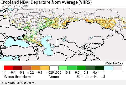 Russian Federation Cropland NDVI Departure from Average (VIIRS) Thematic Map For 9/22/2022 - 9/29/2022