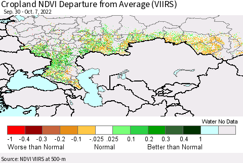 Russian Federation Cropland NDVI Departure from Average (VIIRS) Thematic Map For 9/30/2022 - 10/7/2022