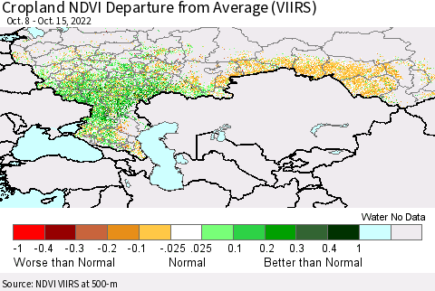 Russian Federation Cropland NDVI Departure from Average (VIIRS) Thematic Map For 10/8/2022 - 10/15/2022