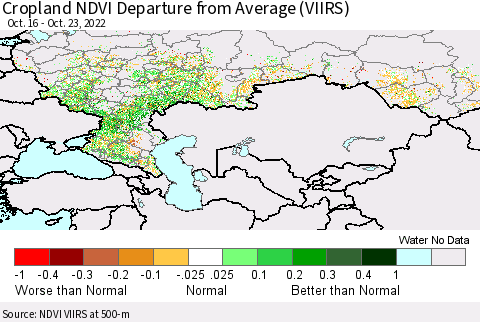 Russian Federation Cropland NDVI Departure from Average (VIIRS) Thematic Map For 10/16/2022 - 10/23/2022