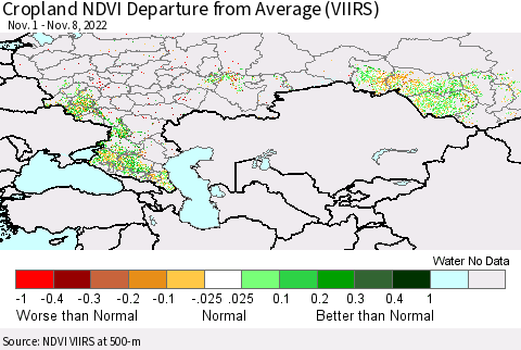 Russian Federation Cropland NDVI Departure from Average (VIIRS) Thematic Map For 11/1/2022 - 11/8/2022