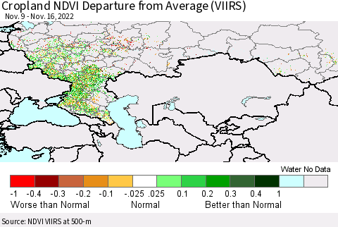 Russian Federation Cropland NDVI Departure from Average (VIIRS) Thematic Map For 11/9/2022 - 11/16/2022