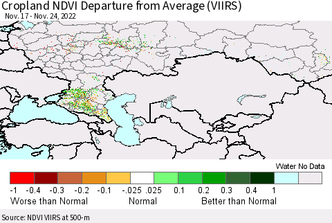 Russian Federation Cropland NDVI Departure from Average (VIIRS) Thematic Map For 11/17/2022 - 11/24/2022