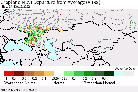 Russian Federation Cropland NDVI Departure from Average (VIIRS) Thematic Map For 11/25/2022 - 12/2/2022