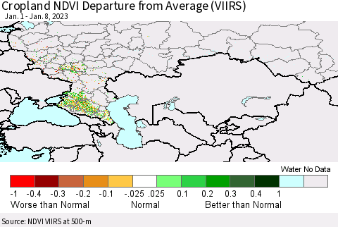 Russian Federation Cropland NDVI Departure from Average (VIIRS) Thematic Map For 1/1/2023 - 1/8/2023