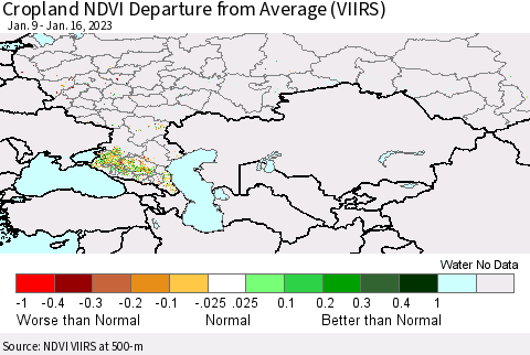 Russian Federation Cropland NDVI Departure from Average (VIIRS) Thematic Map For 1/9/2023 - 1/16/2023