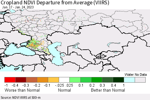 Russian Federation Cropland NDVI Departure from Average (VIIRS) Thematic Map For 1/17/2023 - 1/24/2023