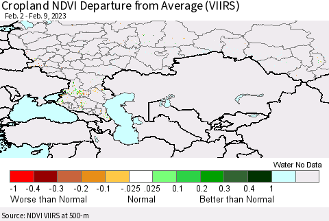Russian Federation Cropland NDVI Departure from Average (VIIRS) Thematic Map For 2/2/2023 - 2/9/2023