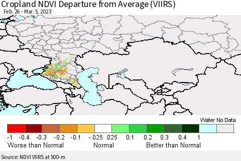 Russian Federation Cropland NDVI Departure from Average (VIIRS) Thematic Map For 2/26/2023 - 3/5/2023