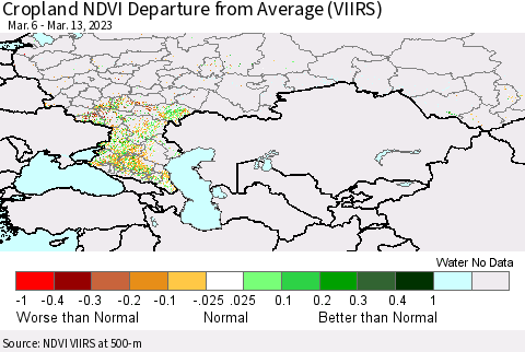 Russian Federation Cropland NDVI Departure from Average (VIIRS) Thematic Map For 3/6/2023 - 3/13/2023