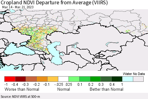 Russian Federation Cropland NDVI Departure from Average (VIIRS) Thematic Map For 3/14/2023 - 3/21/2023