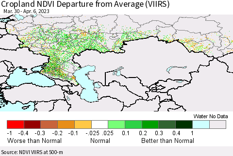 Russian Federation Cropland NDVI Departure from Average (VIIRS) Thematic Map For 3/30/2023 - 4/6/2023