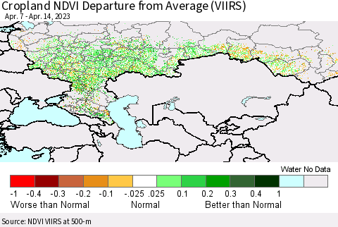 Russian Federation Cropland NDVI Departure from Average (VIIRS) Thematic Map For 4/7/2023 - 4/14/2023