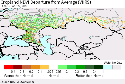 Russian Federation Cropland NDVI Departure from Average (VIIRS) Thematic Map For 4/15/2023 - 4/22/2023